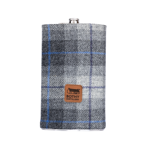 Gin Bothy Harris Tweed Hip Flask - Large Blue Tartan with Green and Red Stripe